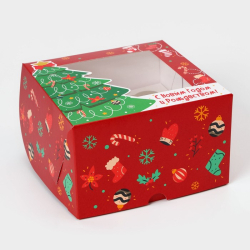 Изображение Коробка под 4 капкейка с окном "Праздничная ель", 16 х 16 х 10 см