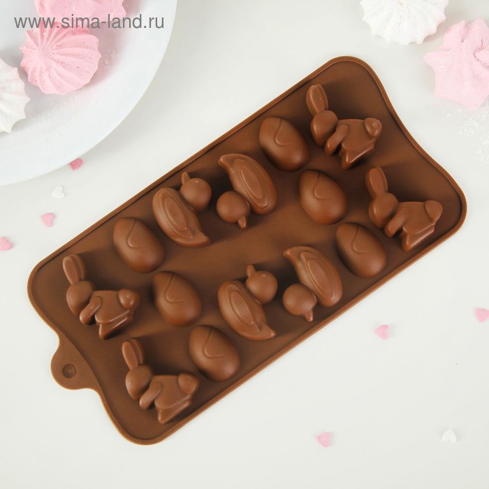 Молд зайцы, утки и яйца 22×10,2×1,4 см, 14 ячеек Изображение Молд зайцы, утки и яйца 22×10,2×1,4 см, 14 ячеек