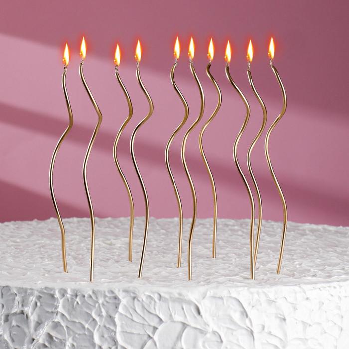 Изображение Свечи для торта витые "Серпантин", 10 шт, коктейльные, золотистые, 15 см