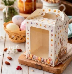 Изображение Коробка для кулича "КРОЛИК В КОРЗИНКЕ" 15х15х18см с окном