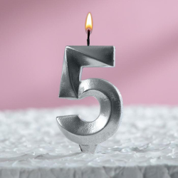 Изображение Свеча в торт "Грань", цифра "5", серебряный металлик